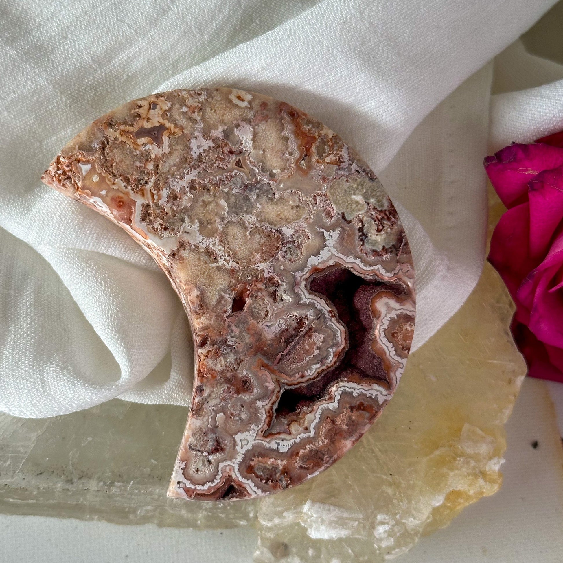 Pink Crazy Lace Agate Moon #873-Happily Zen