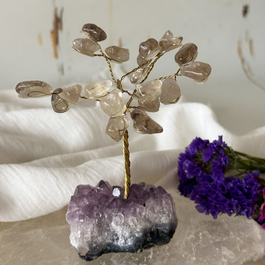 Smokey Quartz Tree on Amethyst Base #743-Happily Zen